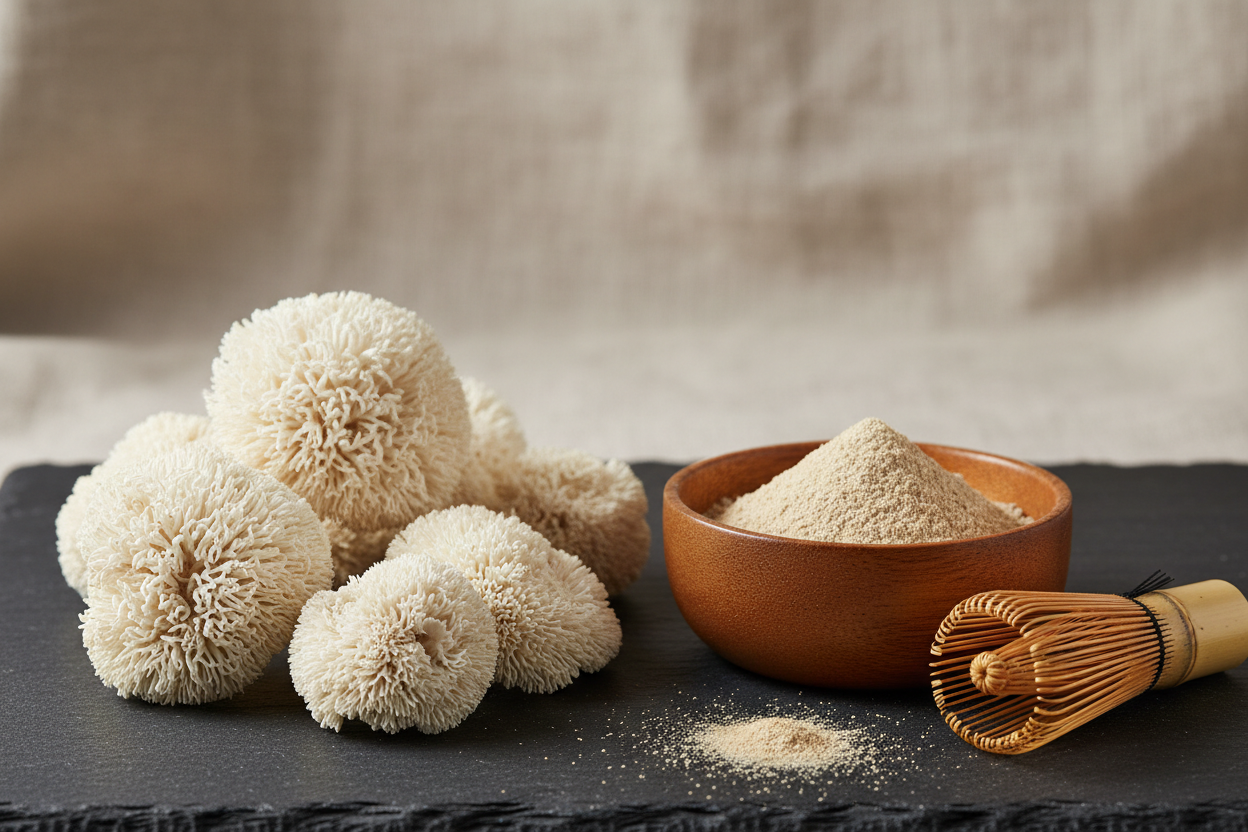 Generate image of dried lions mane including powdered form