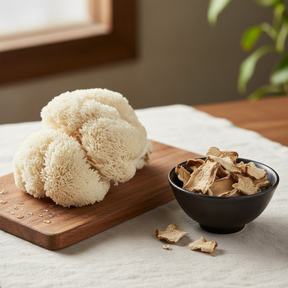 Lions mane including dried form in a square image